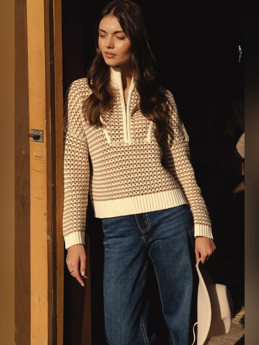 NWT Elan Cream & Tan Crochet Knit Quarter-Zip Sweater | Cozy Chic Pullover
